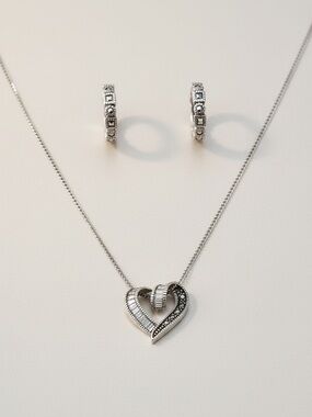 Sterling Silver 925 Marcasite Heart Pendant Necklace & Matching Hoop Earrings